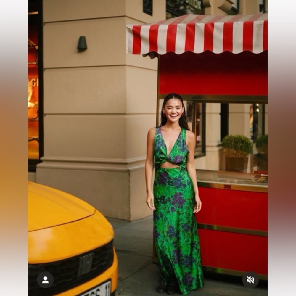 Zara Green and Purple Floral Print Satin Effect Dress with Cut Out Maxi Dress - Picture 2 of 15